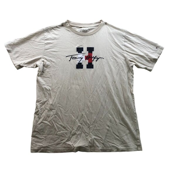 Tommy Hilfiger Mens T-Shirt Size XL Short Sleeve Beige Graphic Tee Casual Top - Picture 1 of 8